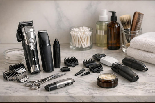 hair clippers and precision accessories on counter