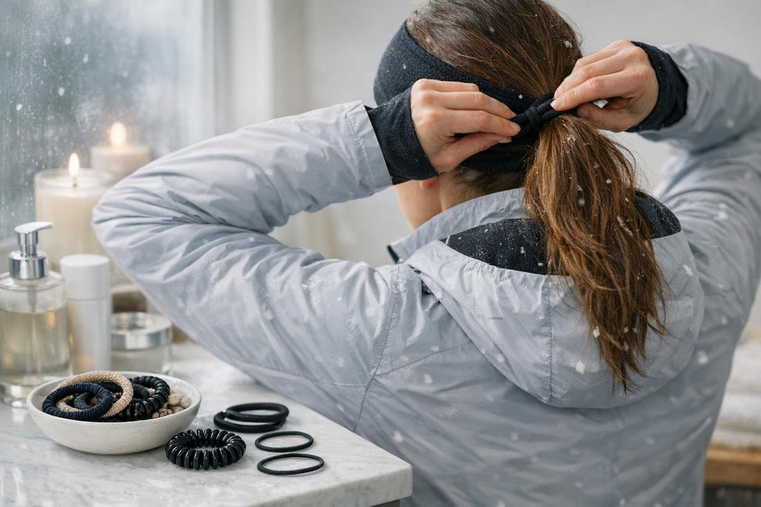 runner tying hair with weatherproof elastic