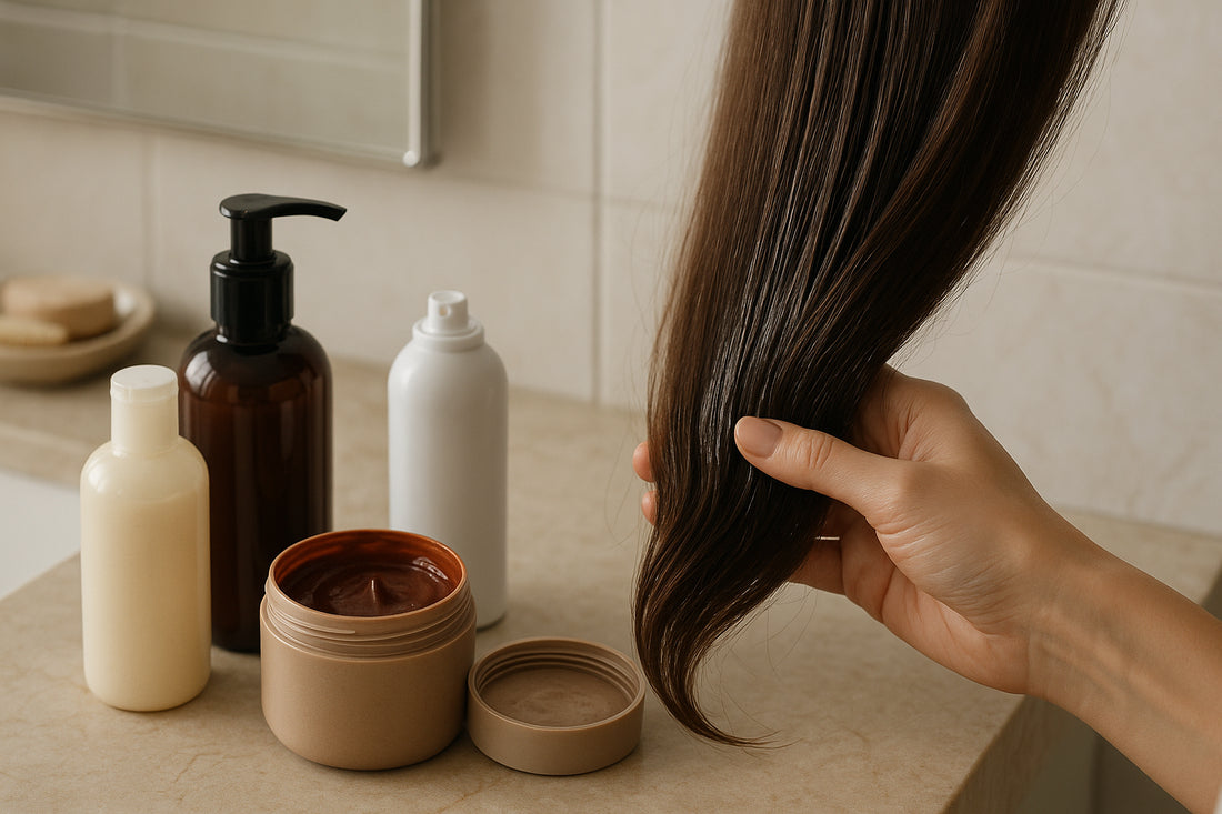 Hand applying colour-depositing mask on hair