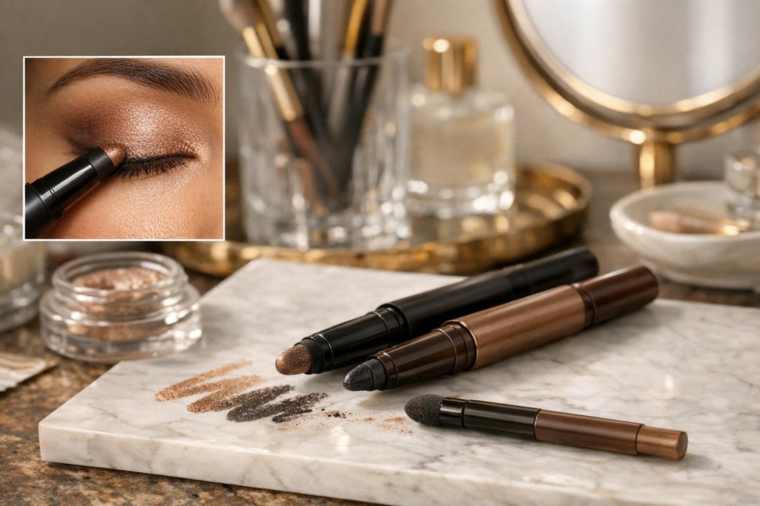 Combination eye liner and shadow stick blended on eyelid