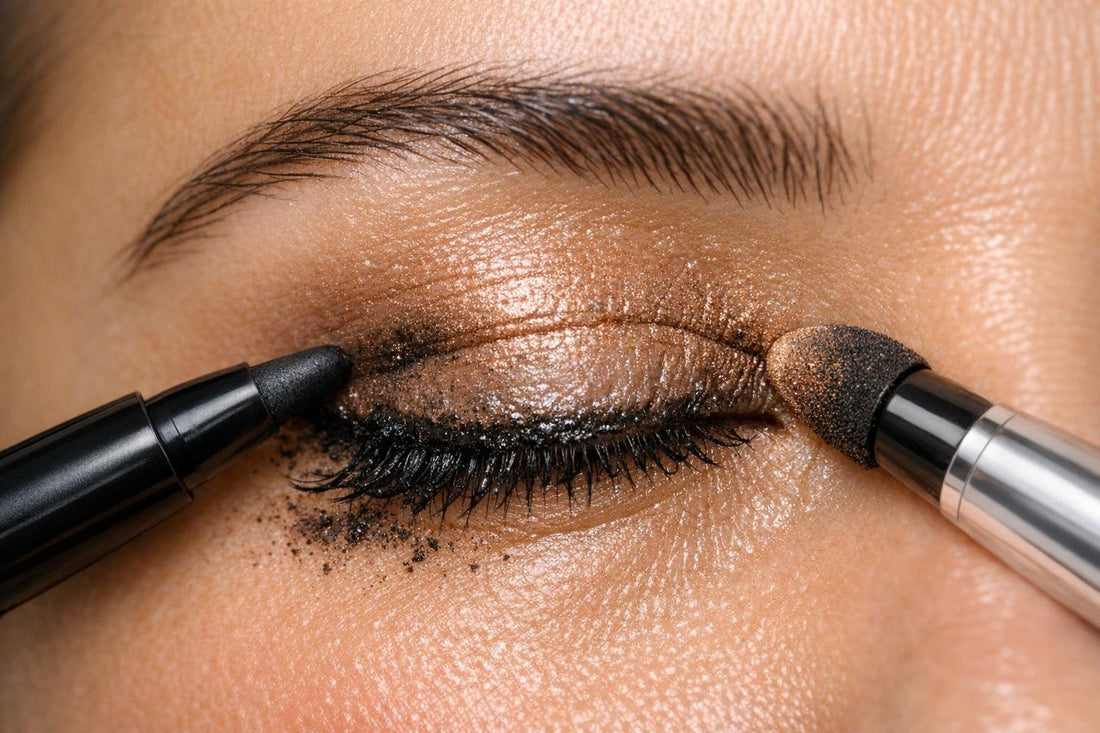 Dual-ended eyeliner-shadow on oily eyelid close-up
