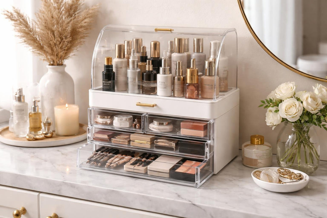 Compact professional cosmetic display case on vanity
