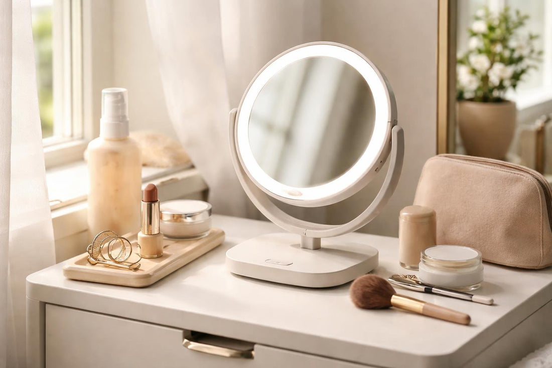 Compact lighted makeup mirror on a small vanity setup