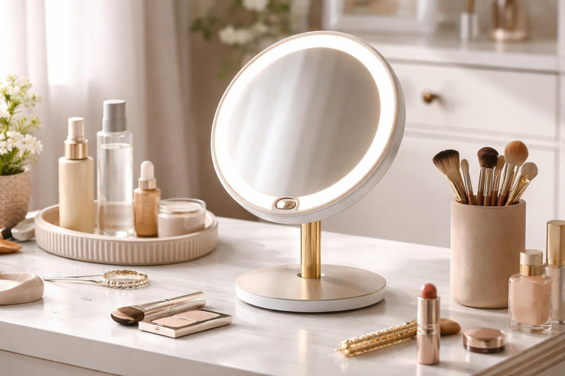 Compact lighted makeup mirror on small vanity