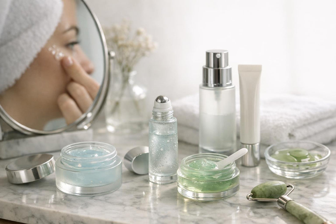 Applying cooling eye gel to reduce puffiness and dark circles