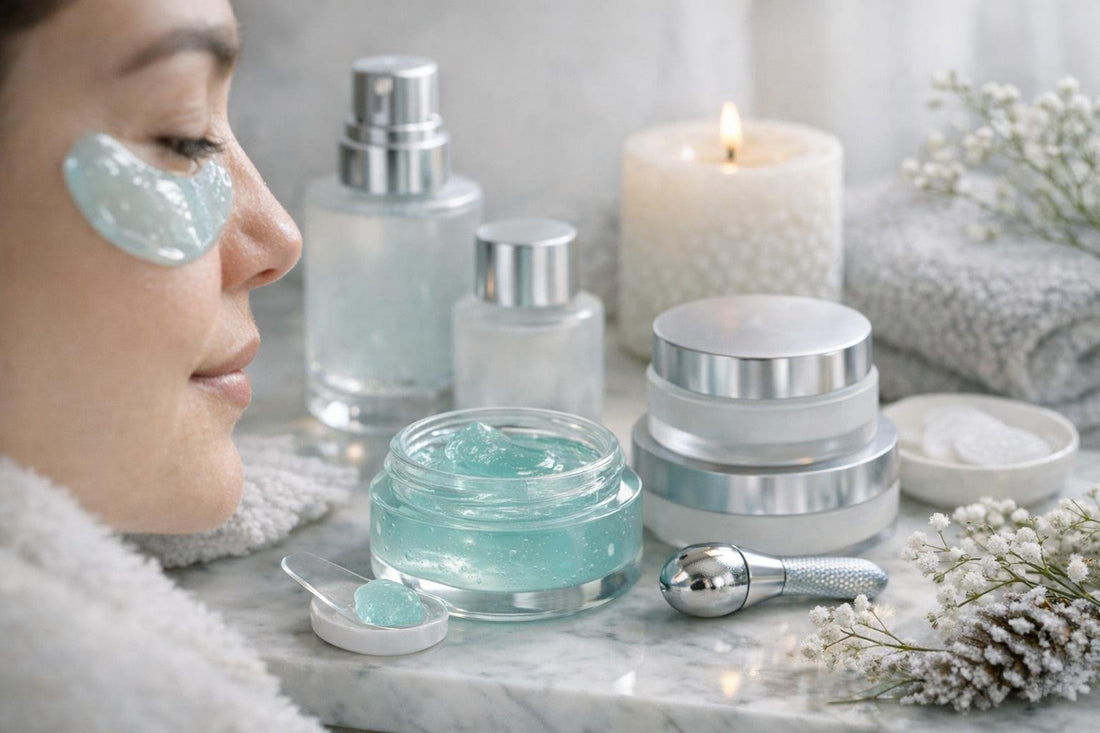 Cooling eye gel applied under eyes in winter