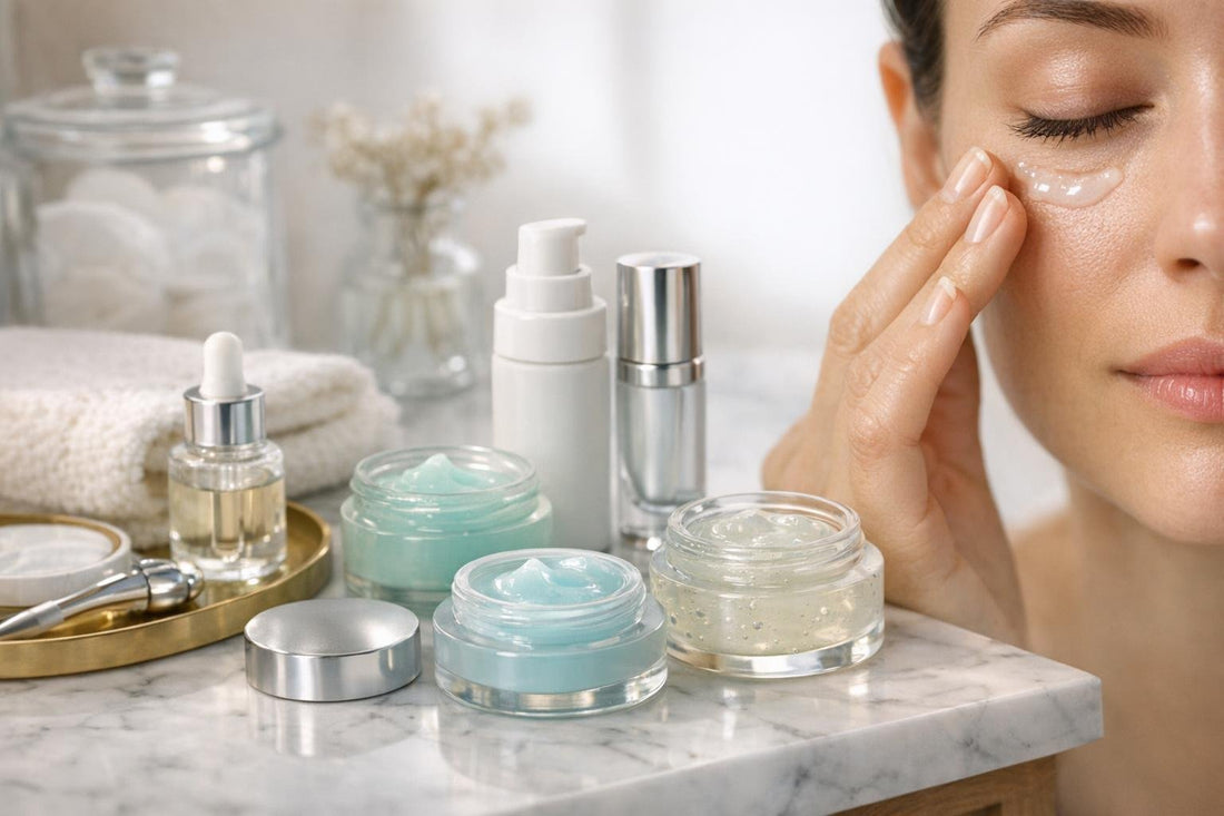 Cooling eye treatment gel applied gently under eyes