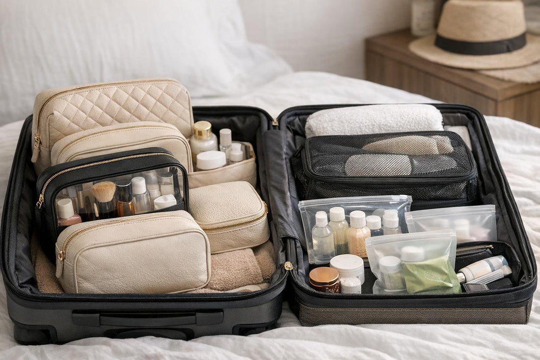 assorted travel cosmetic bags organized in carry-on