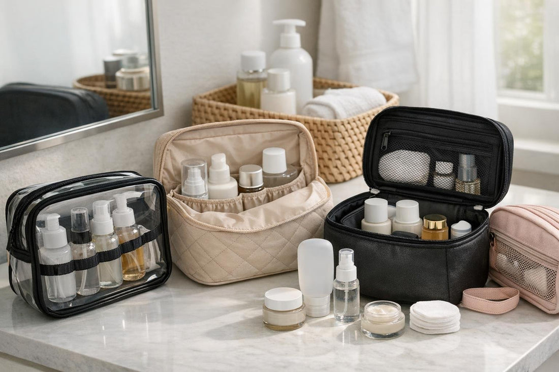 assorted travel cosmetic bags showing organization features