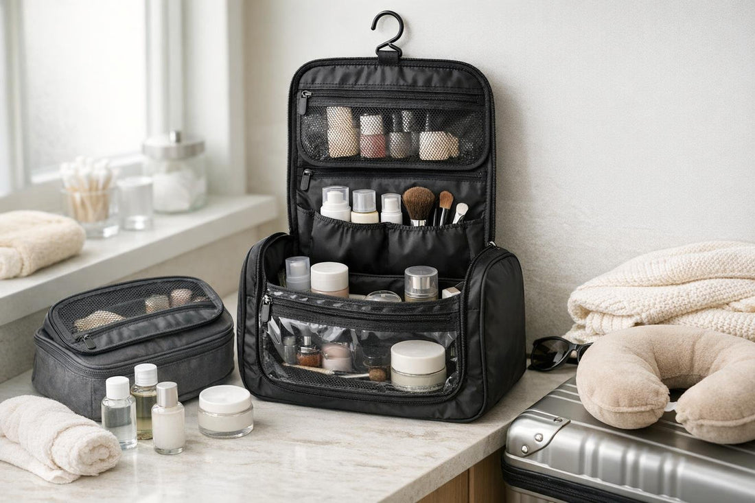 Water-resistant travel cosmetic bag with compartments