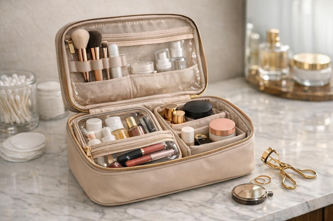 open cosmetic bag with organized travel pouches