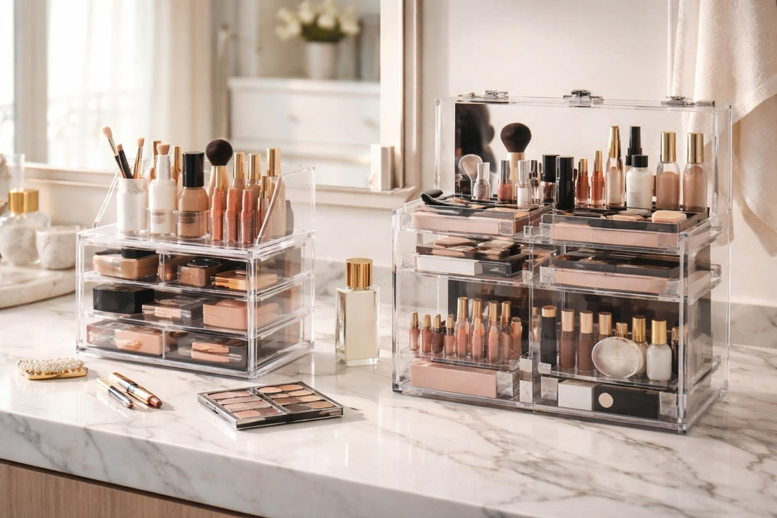 Clear acrylic cosmetic display cases for beginner and pro kits