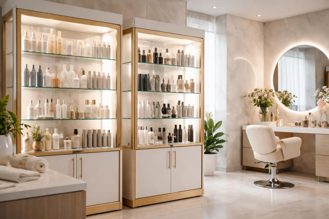 Toronto salon cosmetic display cases with LED lighting