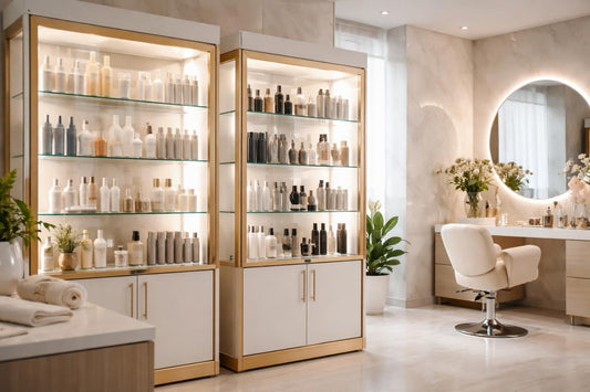 Toronto salon cosmetic display cases with LED lighting