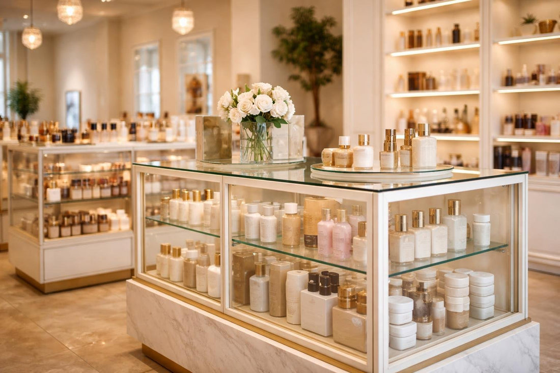 Professional cosmetic display cases in boutique setting