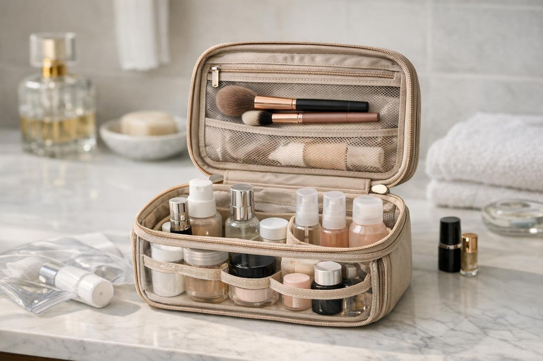 compact TSA-friendly cosmetic travel case open