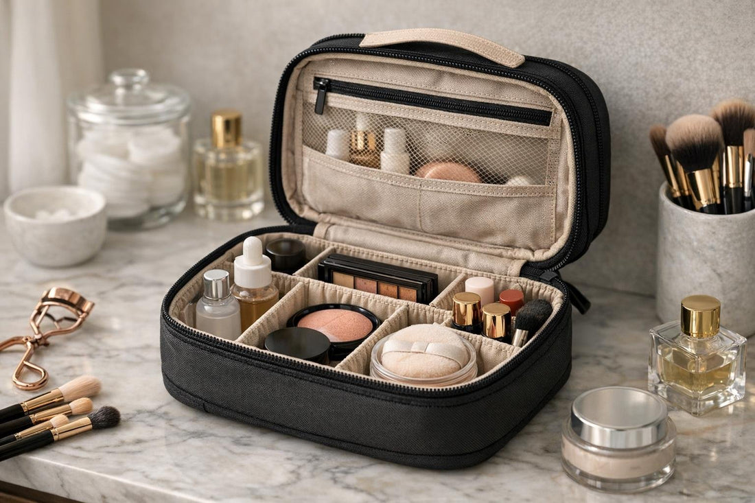 compact cosmetic travel case with organized makeup items