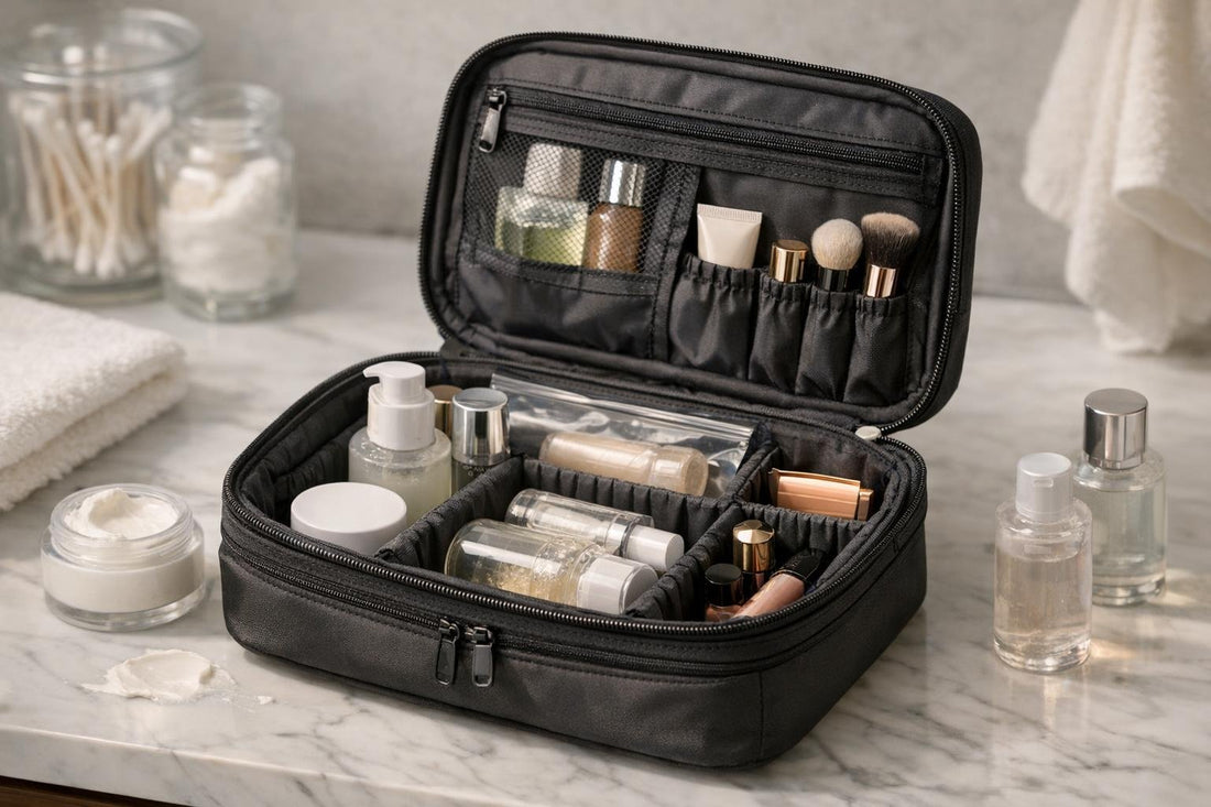 carry-on cosmetic travel case open with compartments
