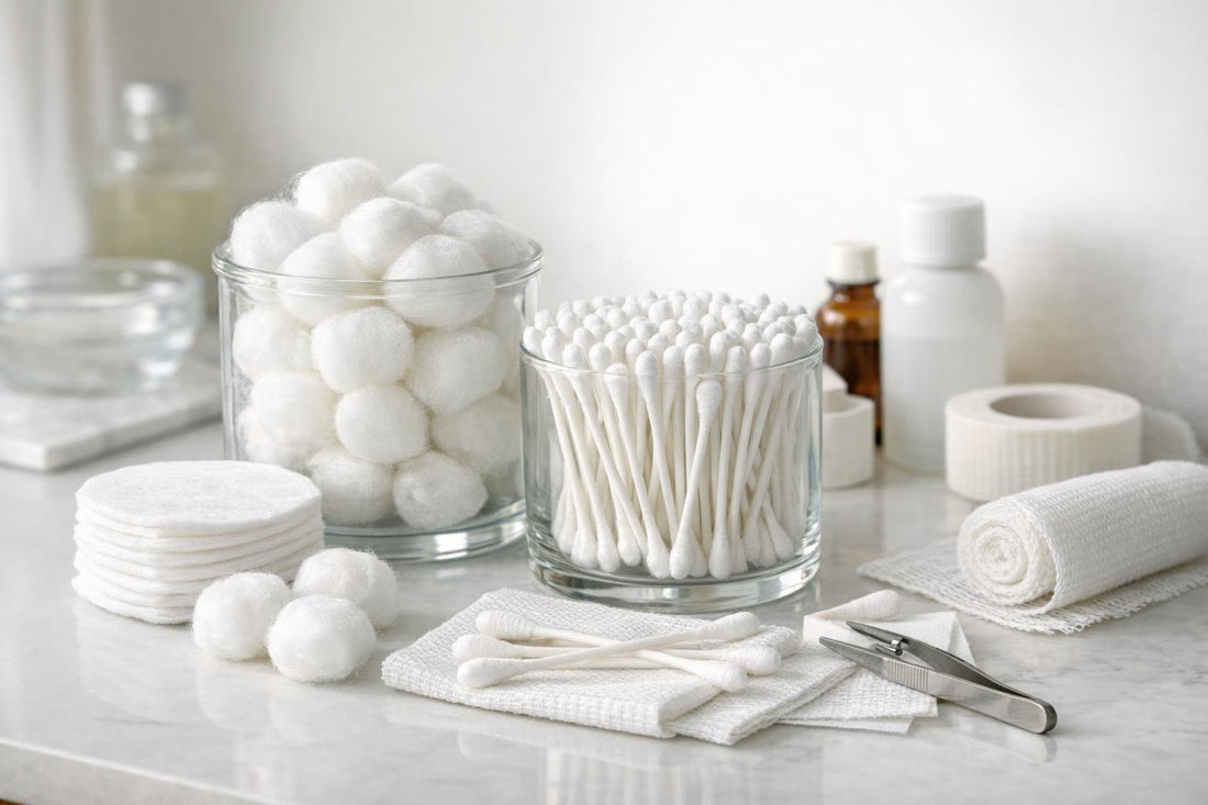 Cotton balls and swabs arranged for seasonal first aid