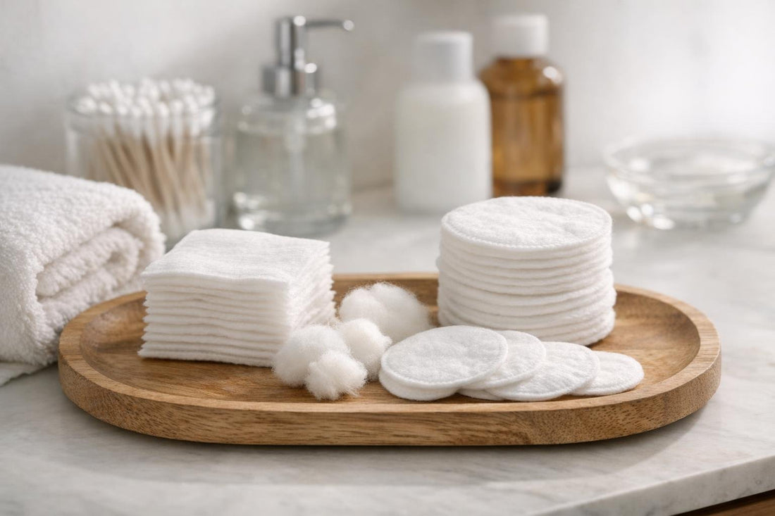 cotton pads and rounds on wooden tray with towel