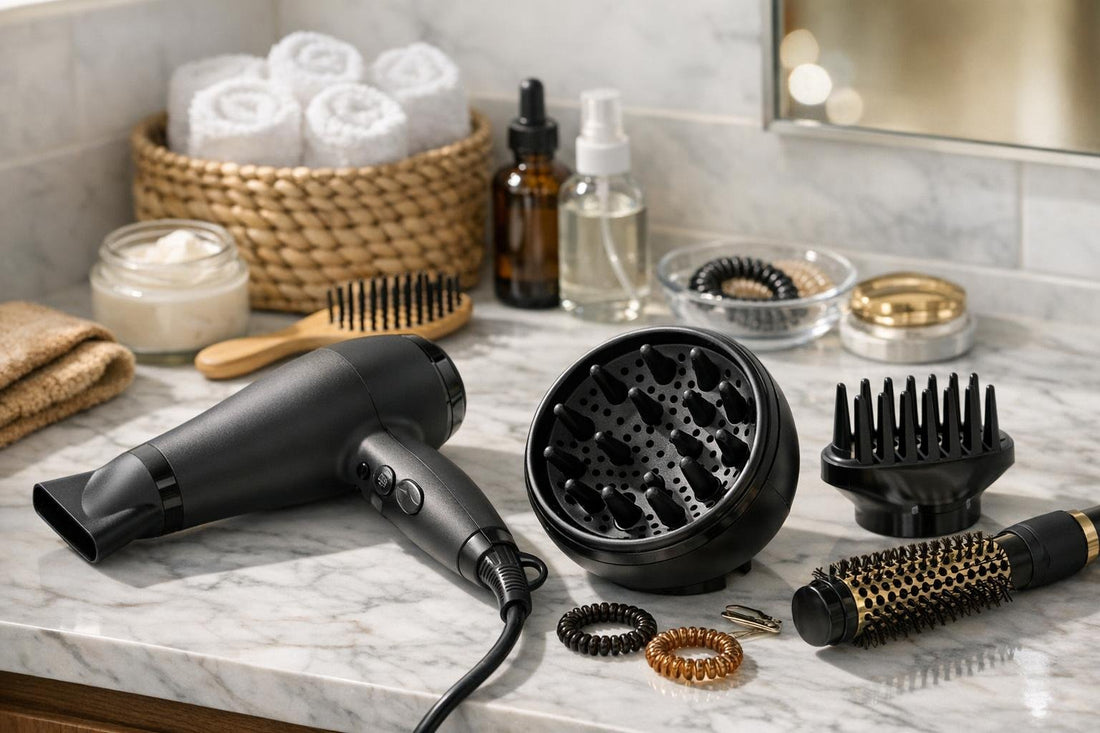 Curly hair dryer and diffuser on counter