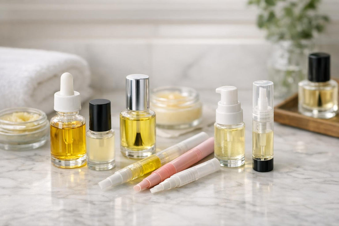 Budget-friendly cuticle oil pens and bottles display
