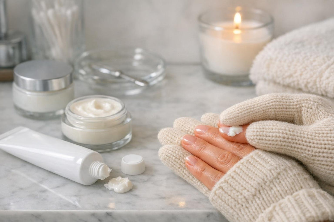 Cuticle cream tube and winter-gloved hands