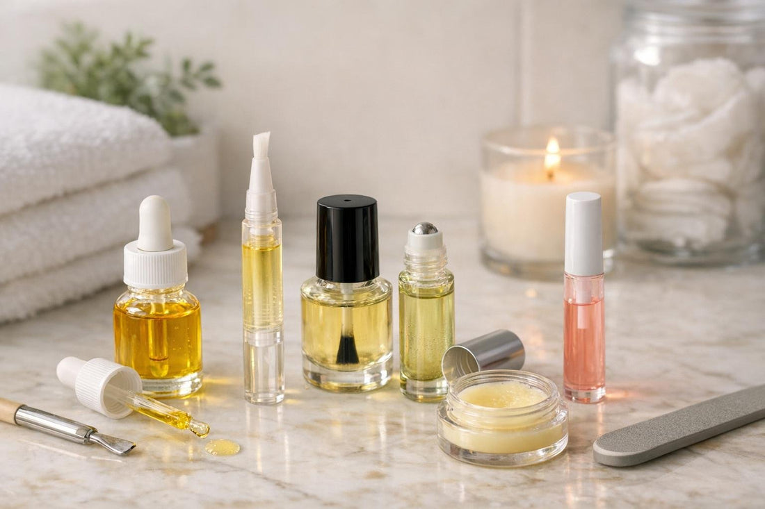 assorted cuticle oils and applicators for home manicure