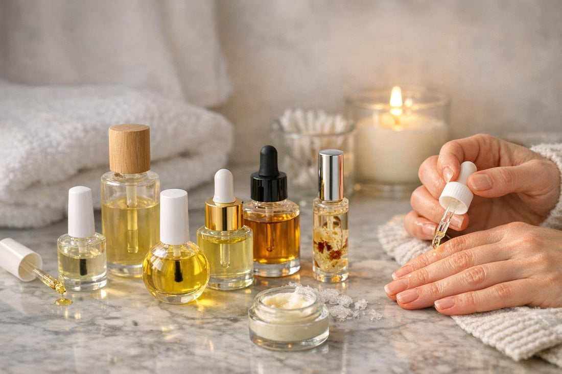 Assorted cuticle oil bottles and hands in winter
