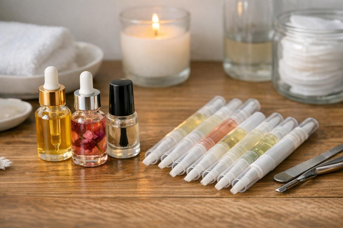 Assorted cuticle oil pens and bottles on wooden surface