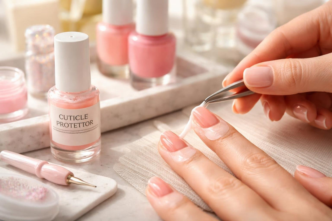 Peel-off cuticle protector applied around nail for clean lines
