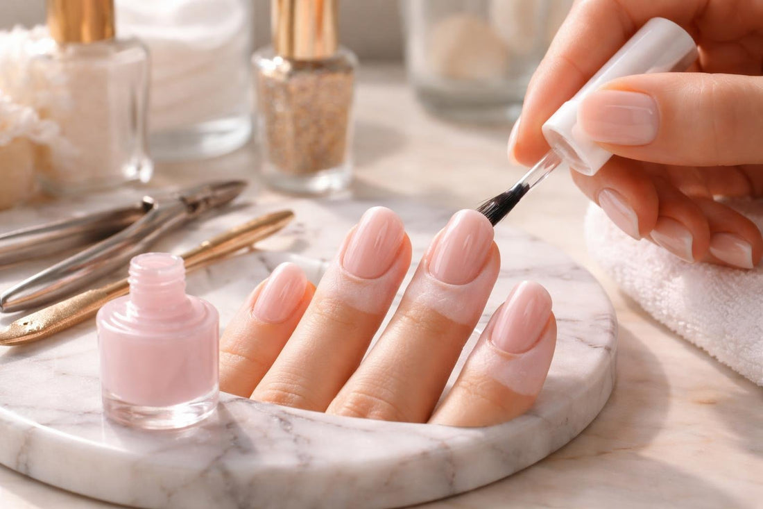 Close-up of brush-on cuticle protector on nails
