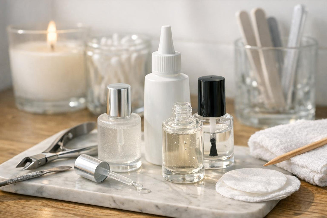 Bottles of cuticle removing fluid and manicure tools