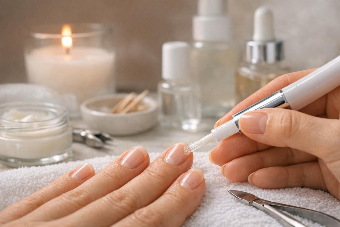 Brush-on cuticle removing fluid applied around clean nails