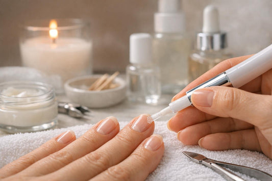 Brush-on cuticle removing fluid applied around clean nails