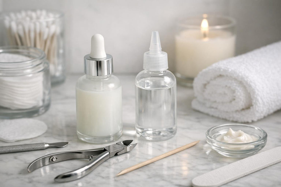 Cuticle removing fluid bottles near manicure tools