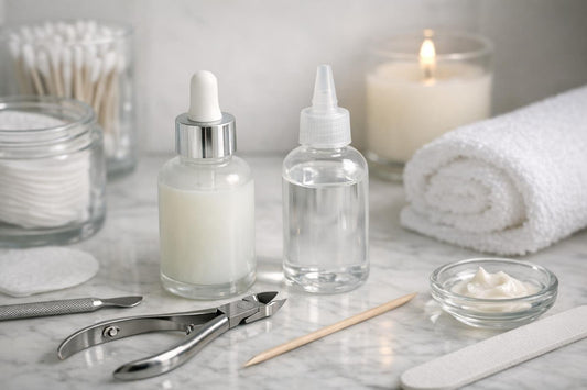 Cuticle removing fluid bottles near manicure tools