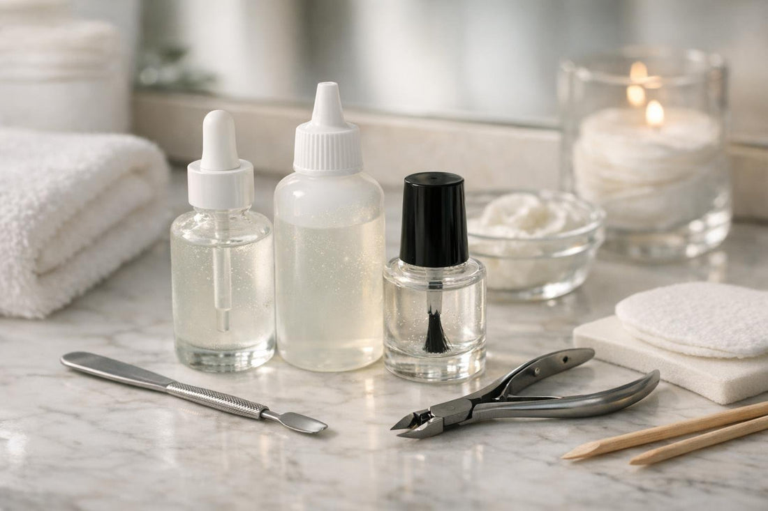 Cuticle removing fluids and manicure tools on table