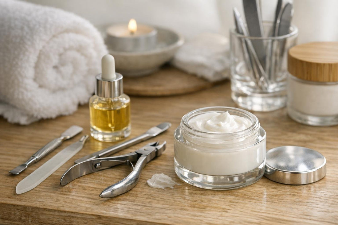Moisturizing cuticle repair cream and manicure tools on wood