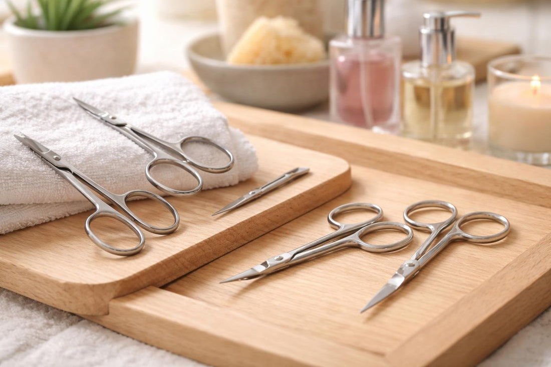 close-up professional cuticle scissors on wooden table