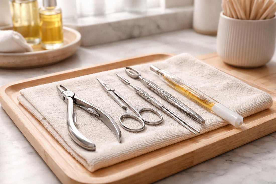 Professional cuticle tools set on wooden table with oil pen