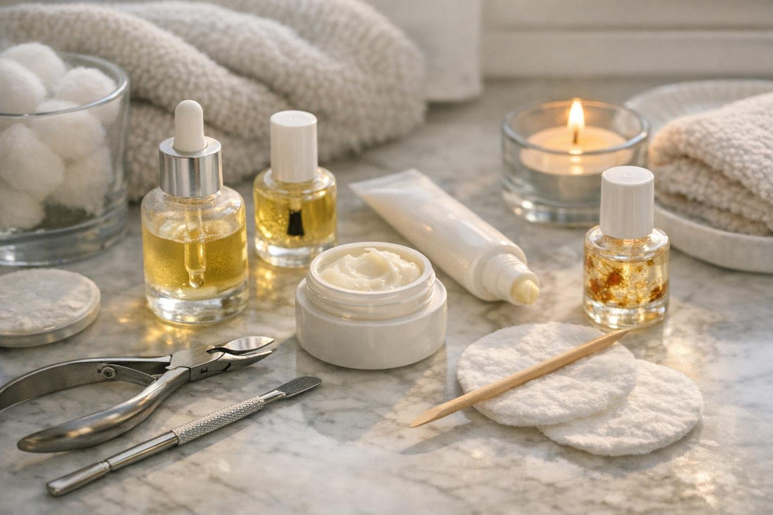 Winter cuticle care products and tools flatlay