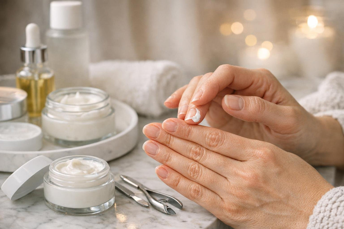 Close-up of hands applying cuticle cream during winter