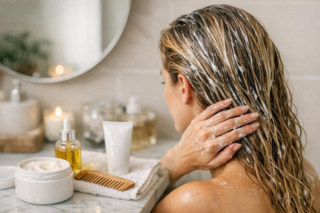 applying deep conditioner to coloured hair in bathroom