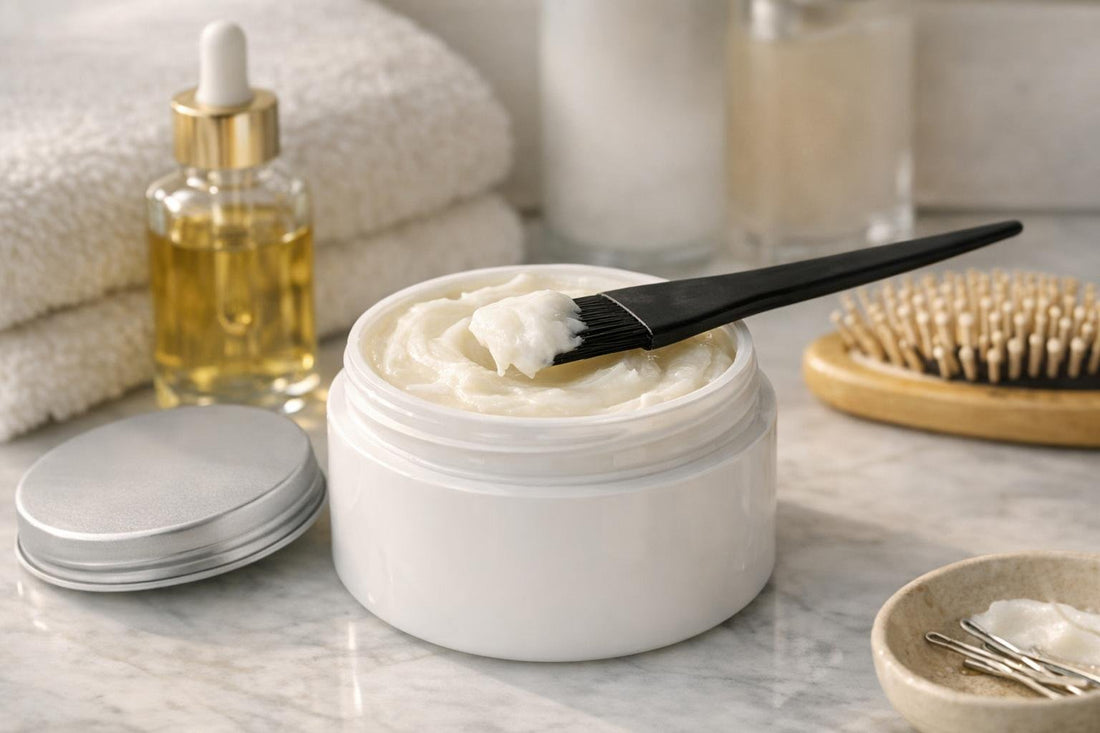 deep hair conditioner jar and applicator on table
