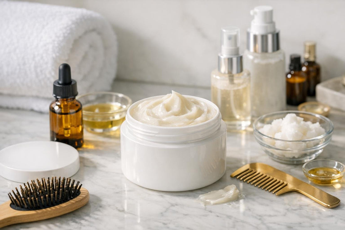 deep conditioning hair treatment jar and tools