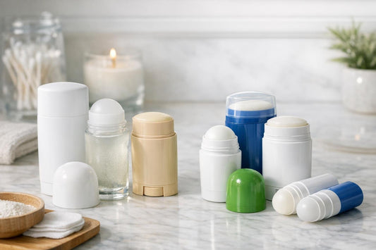 assorted deodorant sticks and roll-ons on table