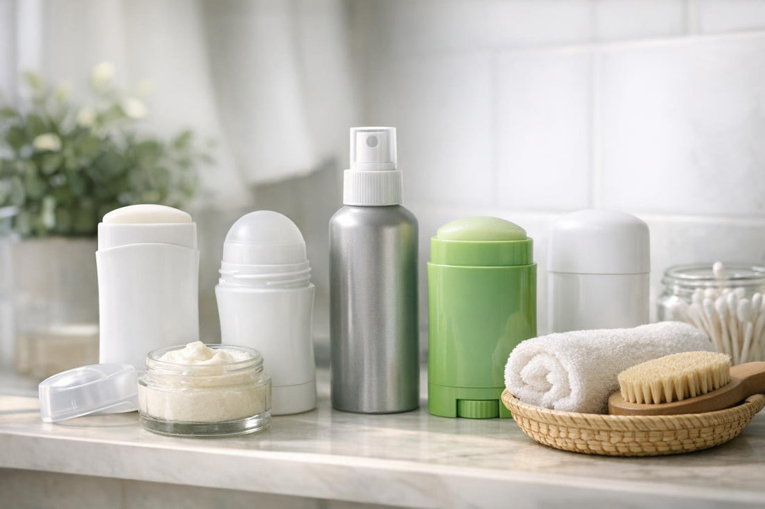 Daily deodorant collection on bathroom shelf in Canada