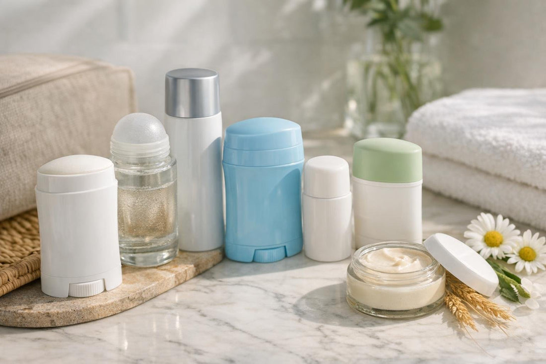 assorted deodorants and antiperspirants on summer surface