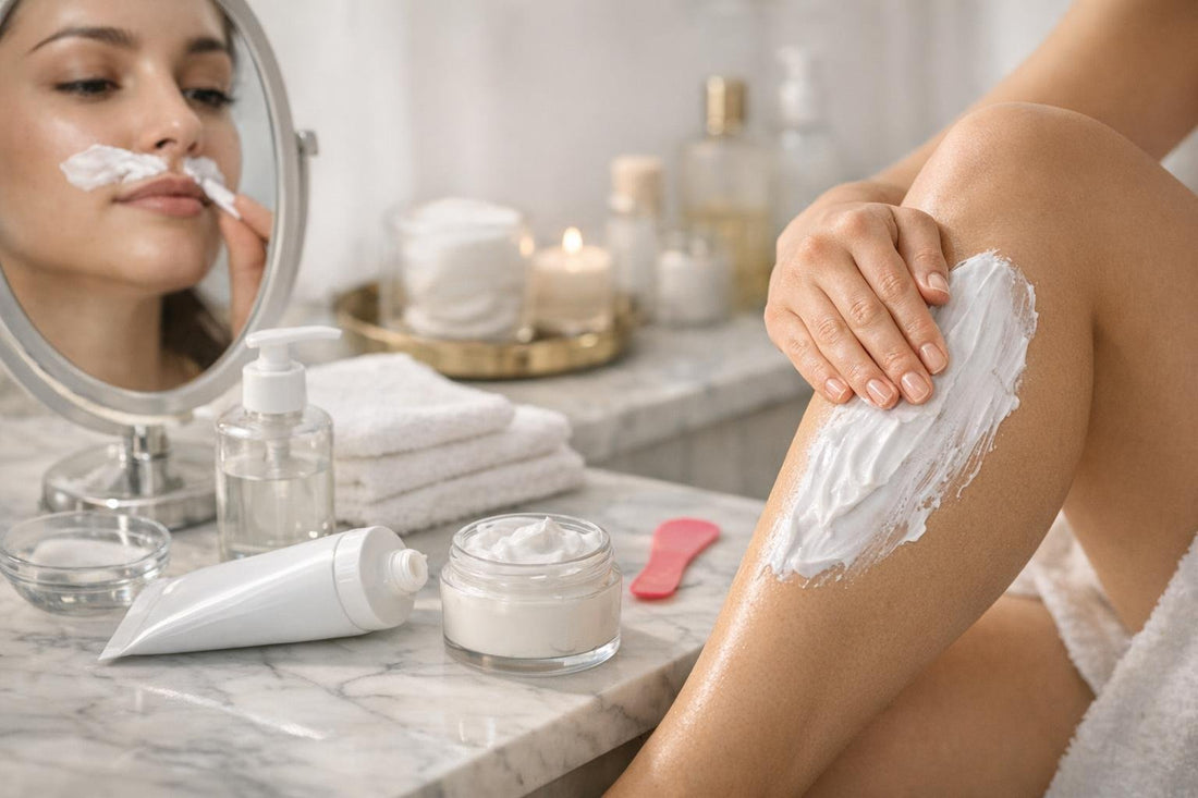 Depilatory cream being applied to smooth legs and face